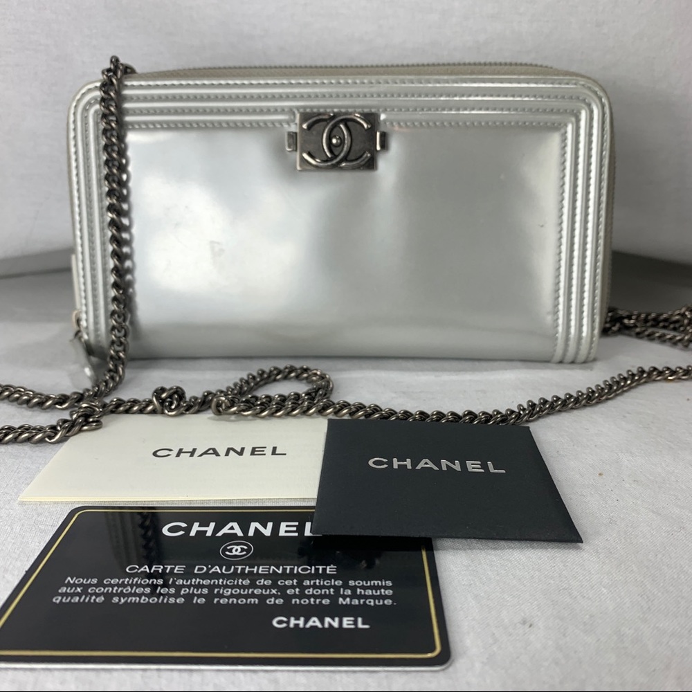 CHANEL Patent Boy Zip Wallet on Chain
